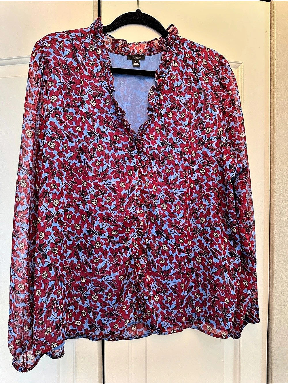 Ann Taylor Factory Floral Blouse in Blue & Red Size XL